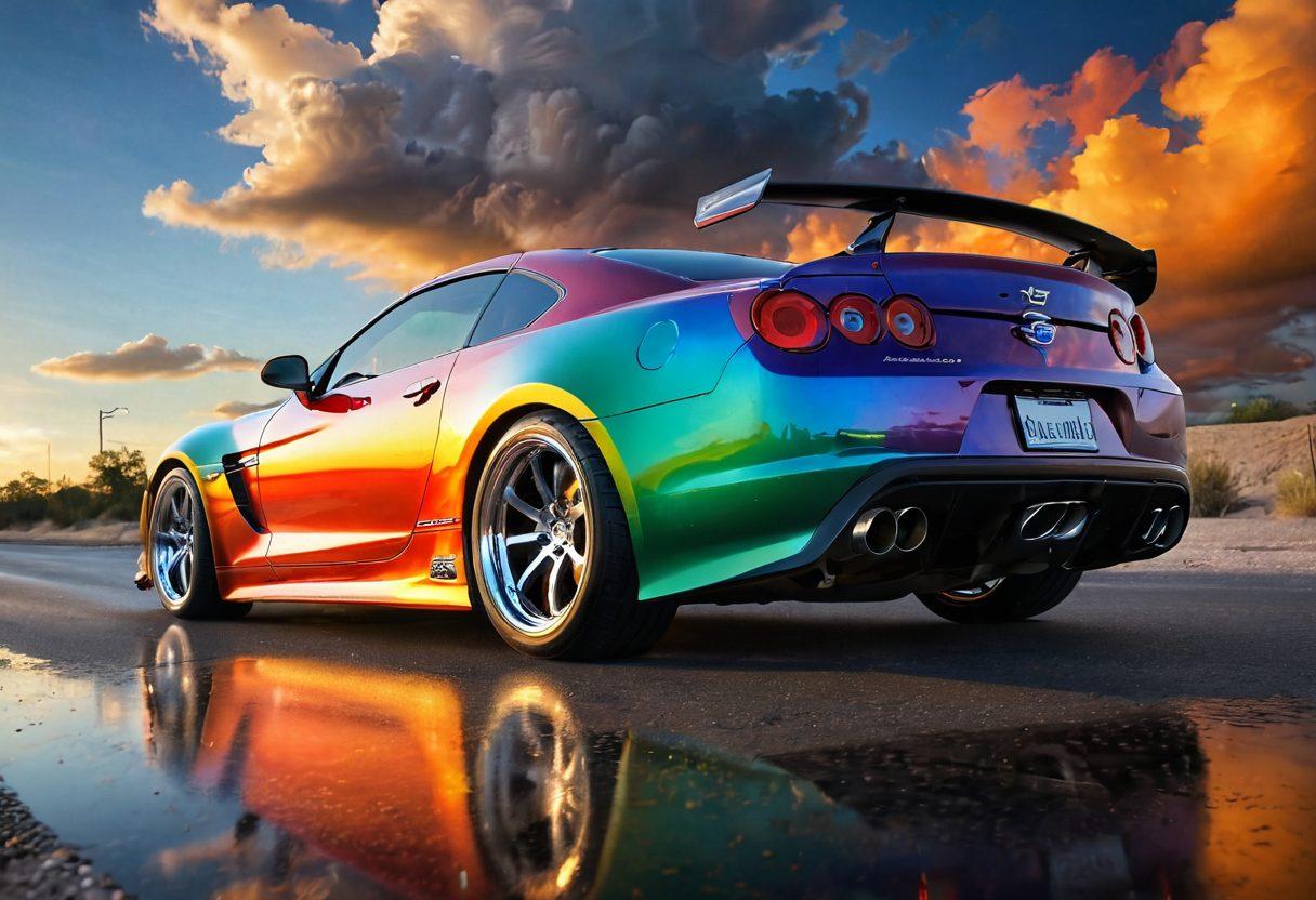 A sleek, shiny Magnaflow exhaust system displayed prominently, with brilliant reflections of vibrant colors illuminating the polished metal. Surrounding the exhaust are swirling clouds of joyful energy, symbolizing the ultimate joy it brings to car enthusiasts. The background features a dynamic road scene emphasizing speed and freedom, with a soft-focus effect to enhance the main subject. super-realistic. vibrant colors. 3D.