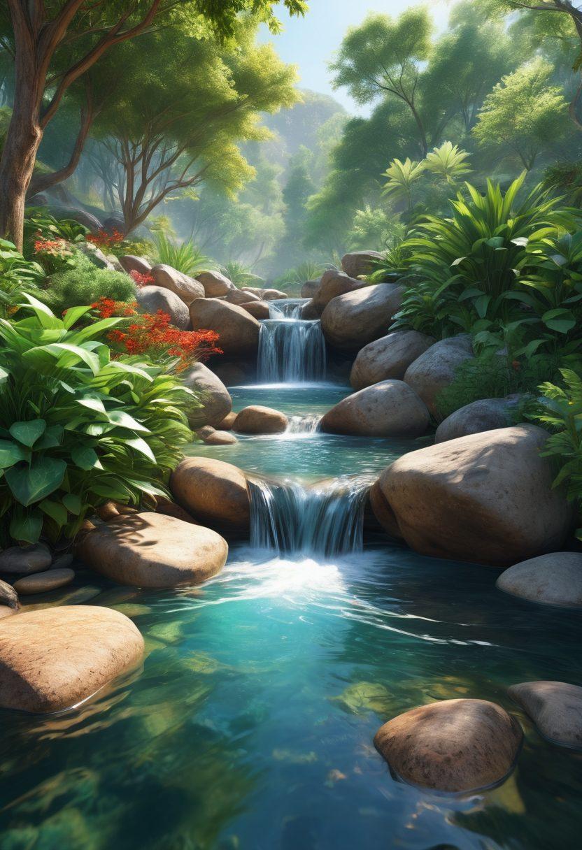 A serene water flow cascading through a vibrant landscape, symbolizing the concept of flow and excellence. Include elements like smooth rocks, lush greenery, and rays of sunlight breaking through trees, creating an atmosphere of tranquility and joy. Add subtle motion to the water to emphasize the feeling of flow. super-realistic. vibrant colors. 3D.